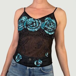 Cache Black Beaded Sequin Floral Rose Camisole Mesh‎ Cami Tank Top Sheer S